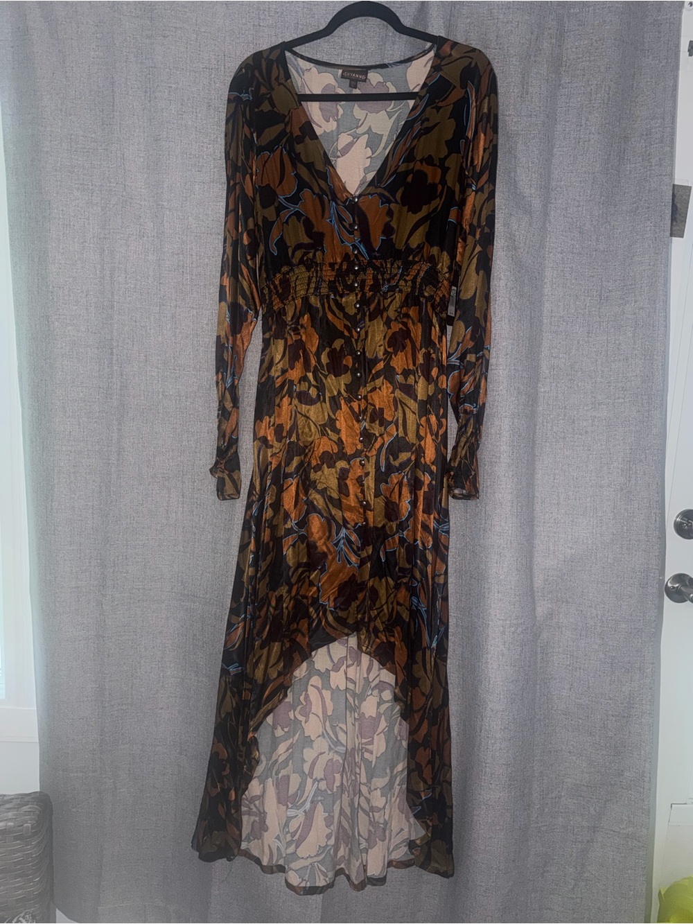Shyanne Brown Floral High-Low Maxi Dress with Long Sleeves